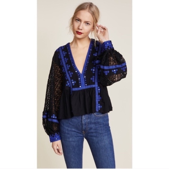 FREE PEOPLE Boogie All Night Balloon Lace Sleeve Top Blouse Embroidered Small - Picture 5 of 15